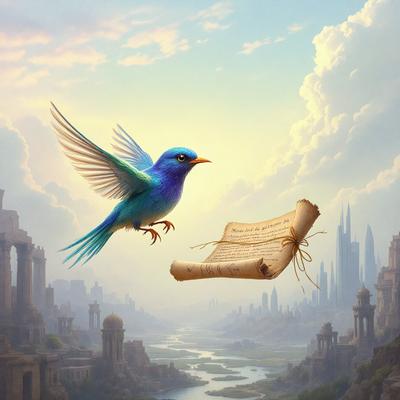The primary subject of the image is a blue bird with a scroll in its mouth, flying over a body of water. The bird is the focal point of the scene, and it appears to be carrying the scroll as it soars through the air.

The setting is a picturesque landscape featuring a body of water, possibly a river or a lake, with a cityscape in the background. The cityscape includes a mix of buildings and structures, creating a sense of depth and scale.

The visual style of the image